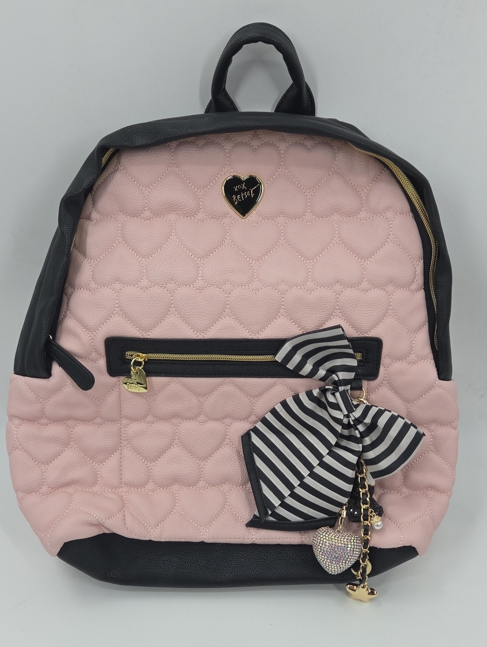 Betsey Johnson Pink Quilted Heart Backpack with Black Trim And Cute Bag Charms